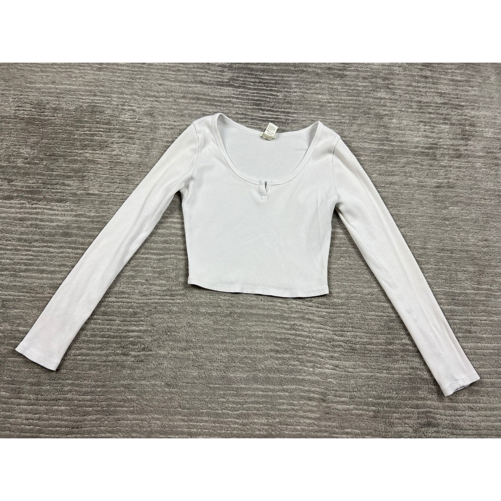 Bozzolo Top Womens Small White Ribbed Long Sleeve Notched Scoop Neck Cropped